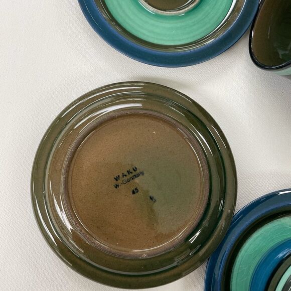 Waku West Germany set of 6 cups and saucers 1960s teal green violet stripes - Picture 2 of 6